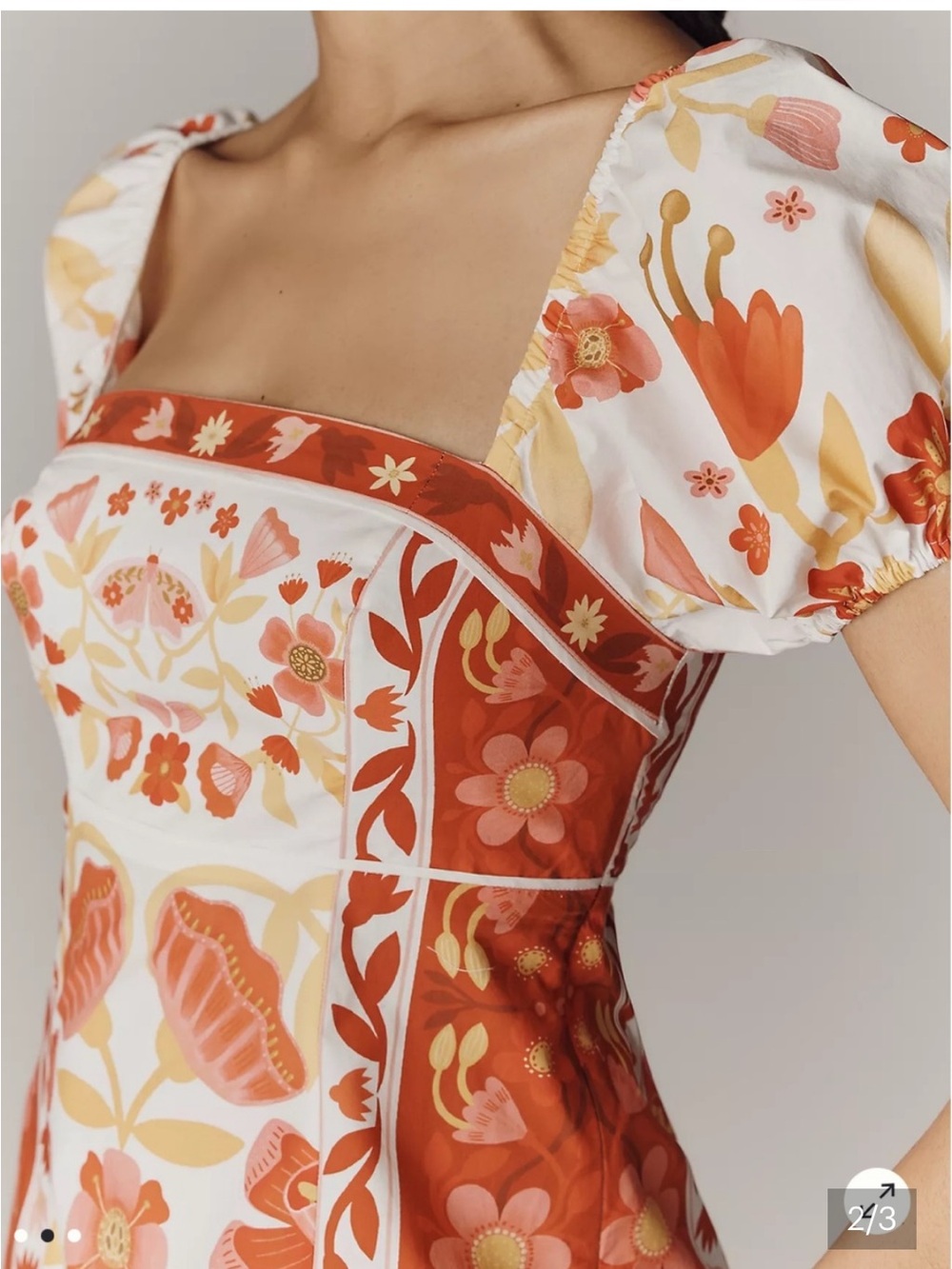 FARM Rio White Dress with Red-Orange Floral Panels